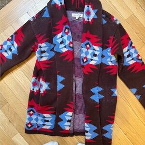 Lucky Brand Brown Cardigan with Red and Blue Patterns